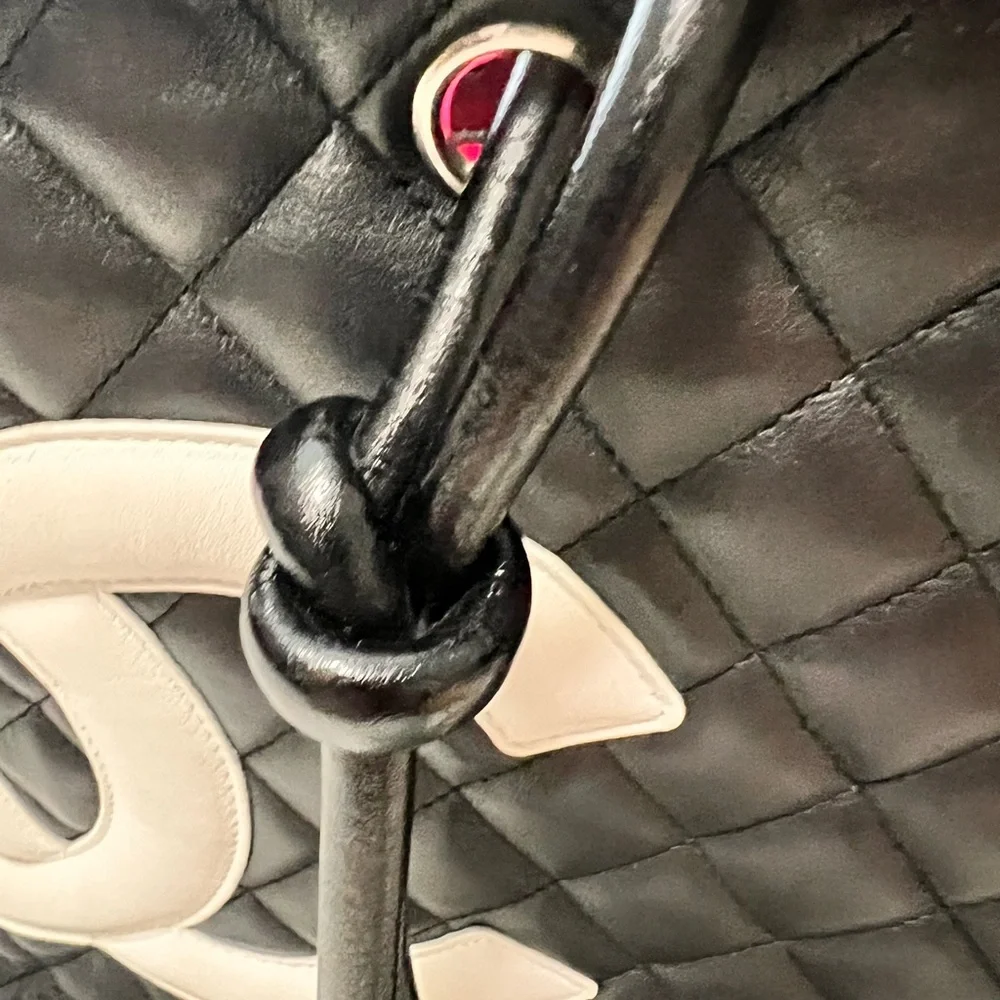 CHANEL Black Quilted Leather Shoulder Tote with White CC Emblem